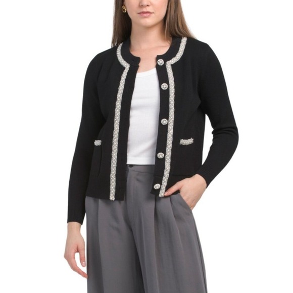 Siori Sweaters - Sioni Black Cardigan Gold Braided Trim & Ornate Faux Pearl Buttons Size Medium‎